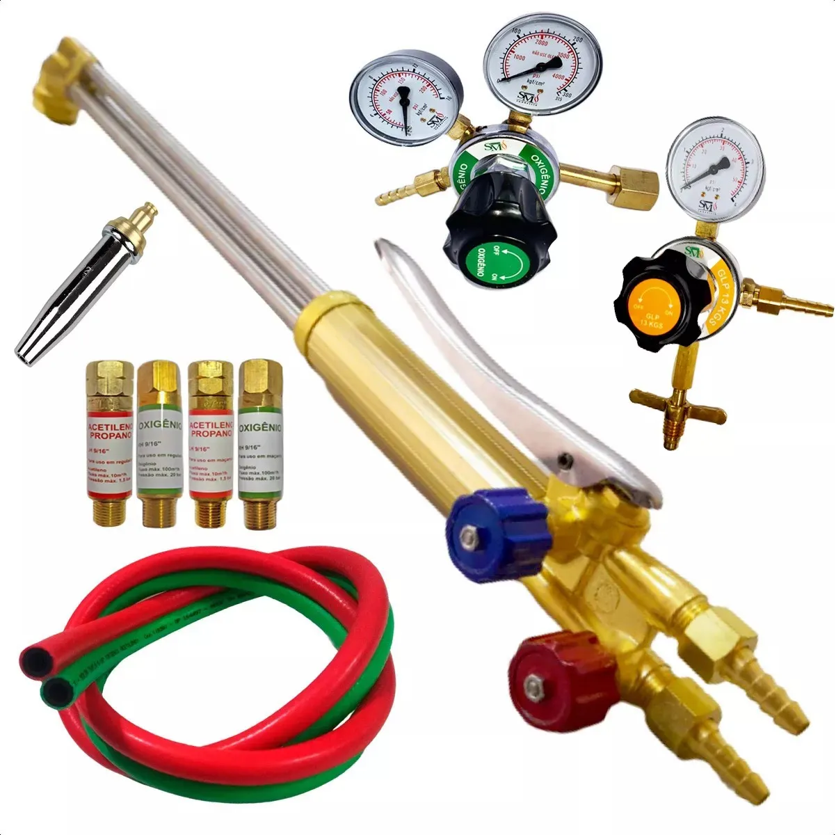 Kit Maçarico de Corte + Bico GLP + Reguladores + Mangueira + Kit Maçarico 201 solda c/ 3 Bicos